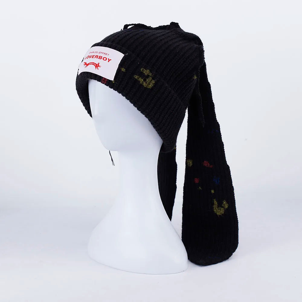 Fashion Winter Skullies Cute Women Graffiti Long Eared Rabbit Knitted