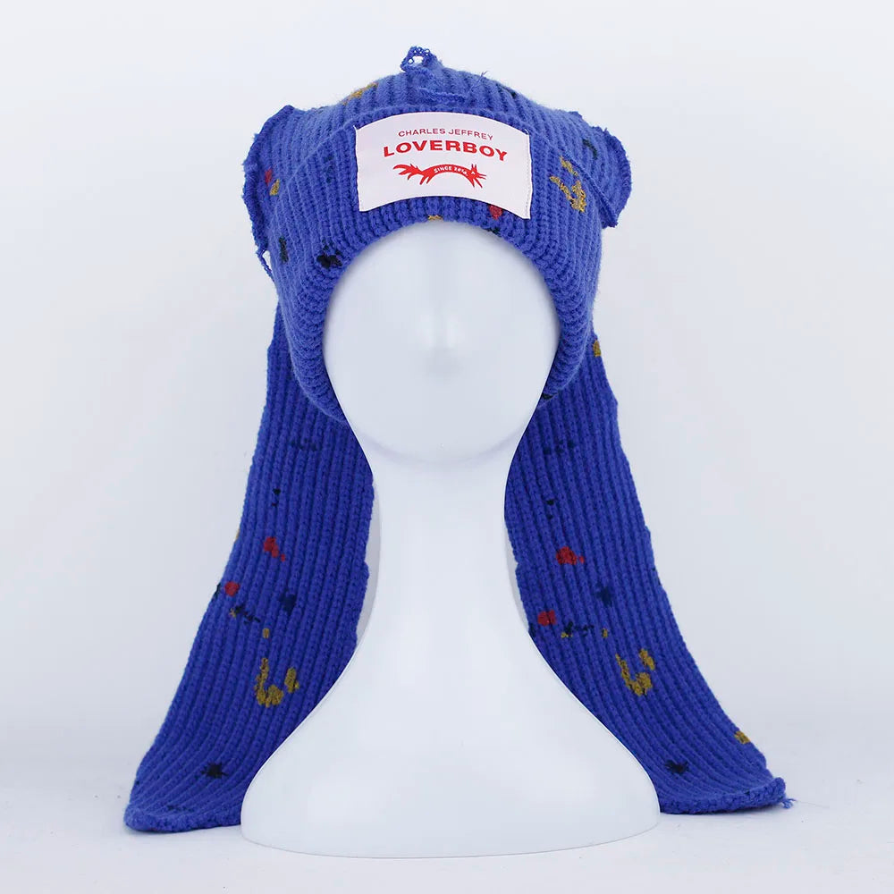 Fashion Winter Skullies Cute Women Graffiti Long Eared Rabbit Knitted